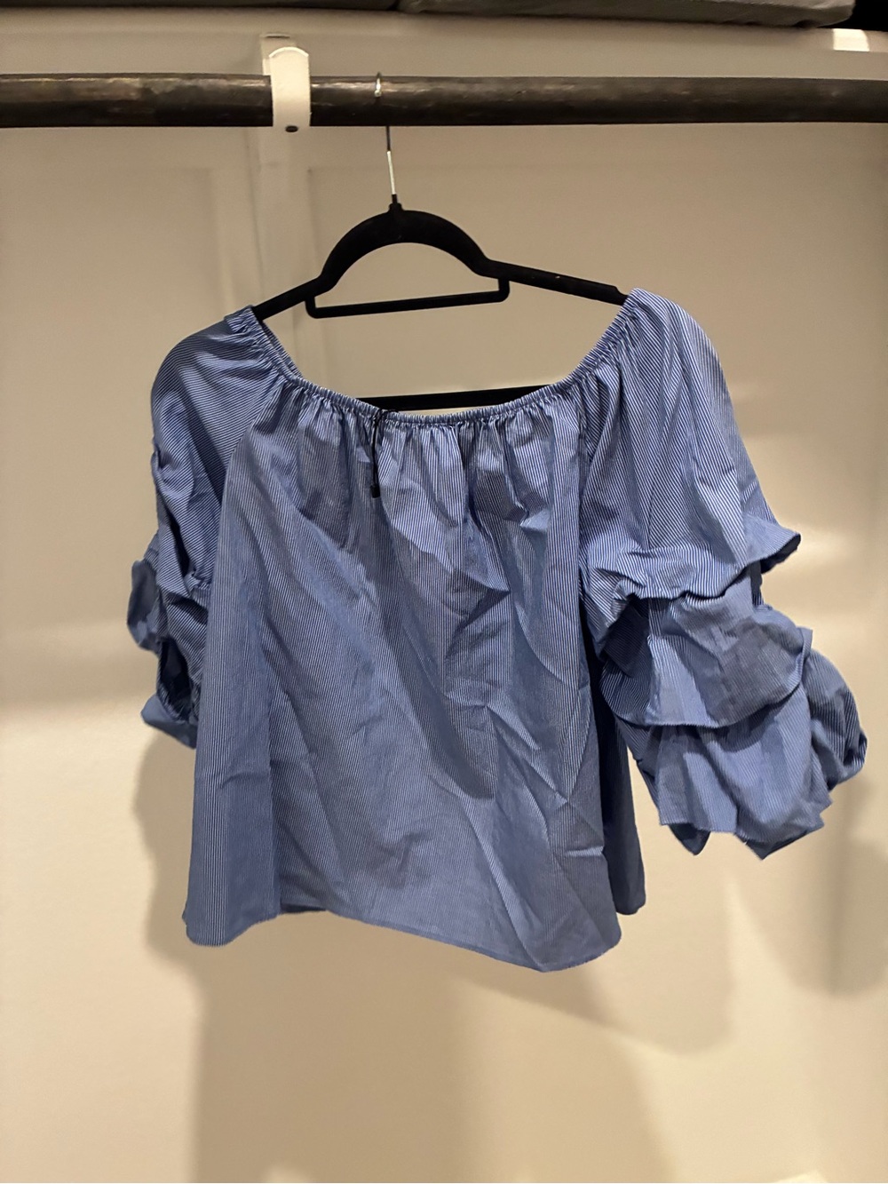 Zara Light Blue Off-Shoulder Ruffle Sleeve Blouse